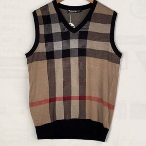 Zicac Sweater Vest Men's Medium Tan Black Acrylic Plaid Pullover